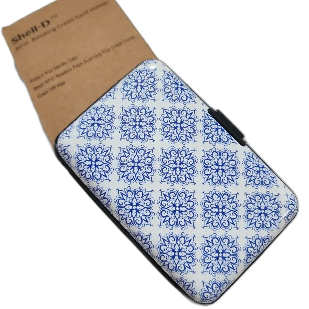 Shell-D RFID Blocking Credit Card Holder NWT White Blue Damask Hard Case Wallet